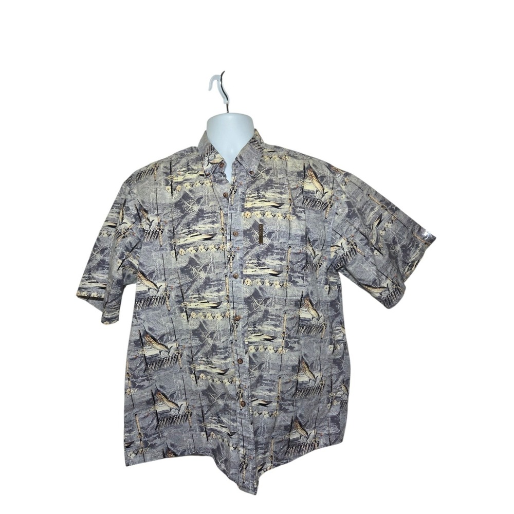 North River Fishing Shirt Short Sleeve Button Up Top Marlin & Boats L Relaxed